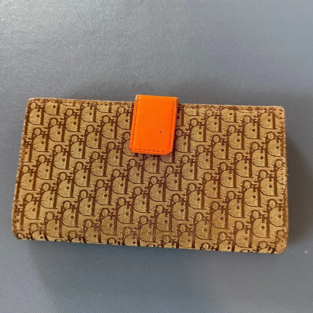 Christian Dior Diorissimor Brown & Tan Trotter Wallet with Orange Leather Trim